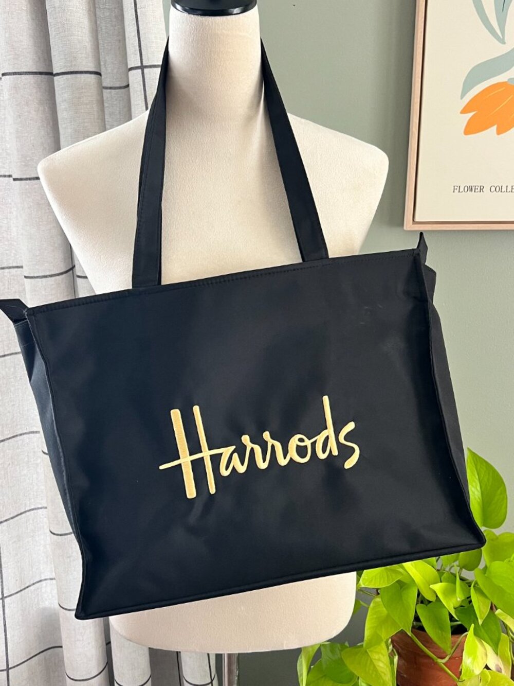Harrods Black Large Fabric Zippered Tote Bag Gold Embroidered Logo